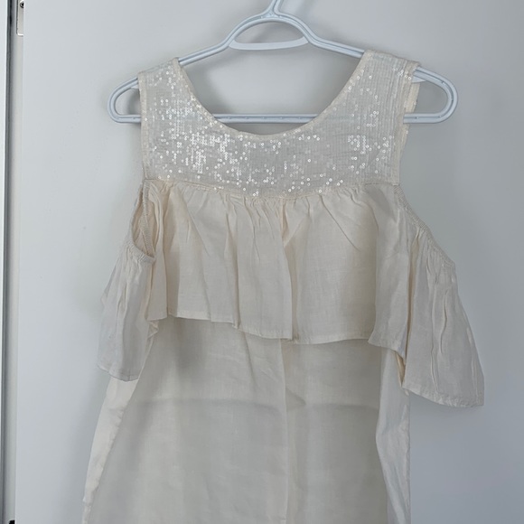 Linen summer dress, designer, unlined, off the shoulder sleeve - Picture 1 of 5